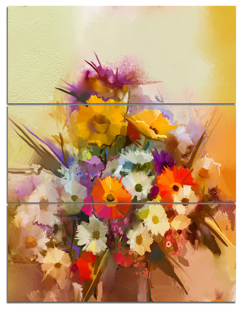 Hand painted Bouquet of Flowers, Floral Canvas Art Print, 28x36, 3 Panels
