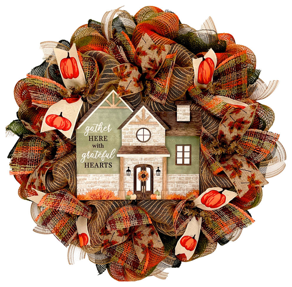 Gather Here with Grateful Hearts Thanksgiving Harvest Wreath Handmade Deco Mesh