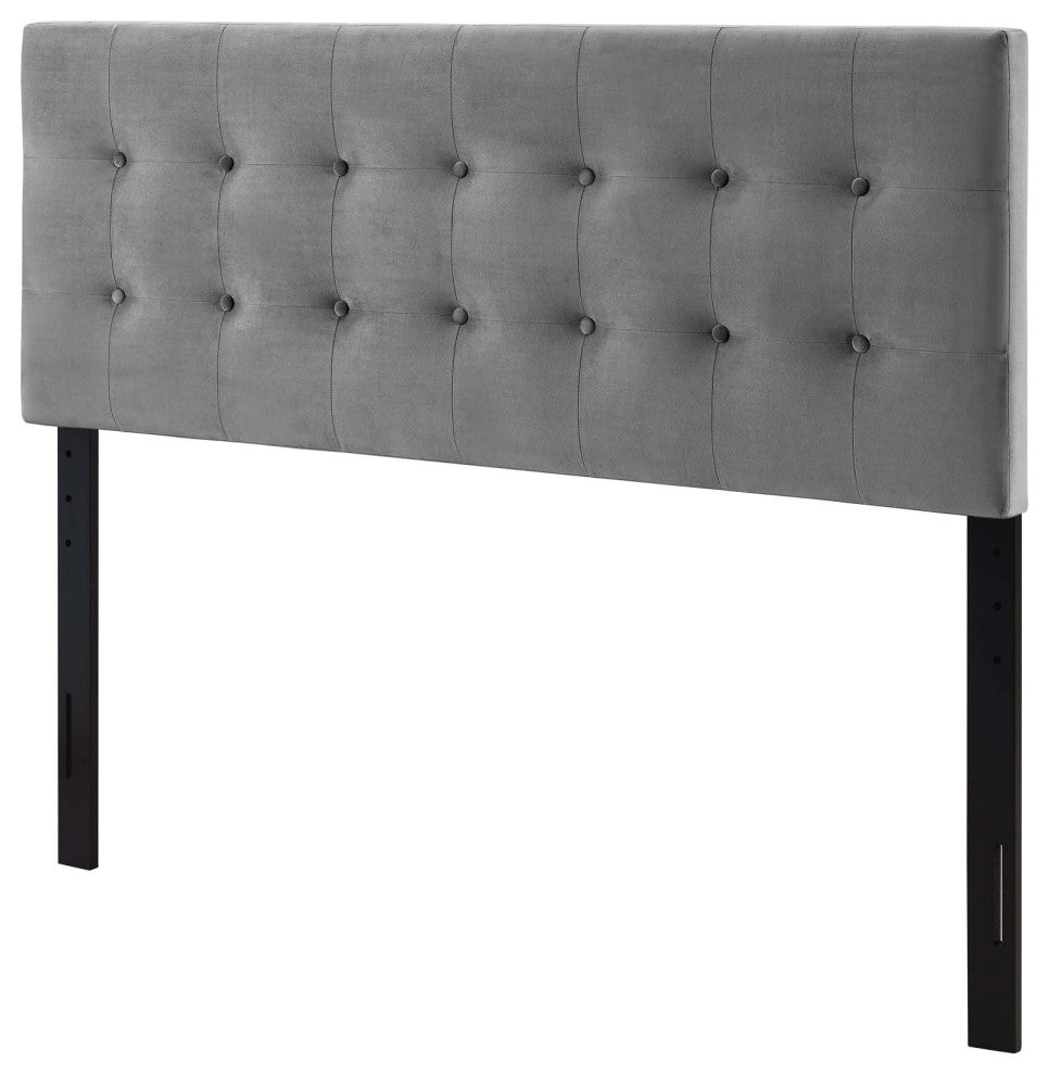 Contemporary Modern King Size Tufted Headboard, Velvet Fabric, Grey Gray
