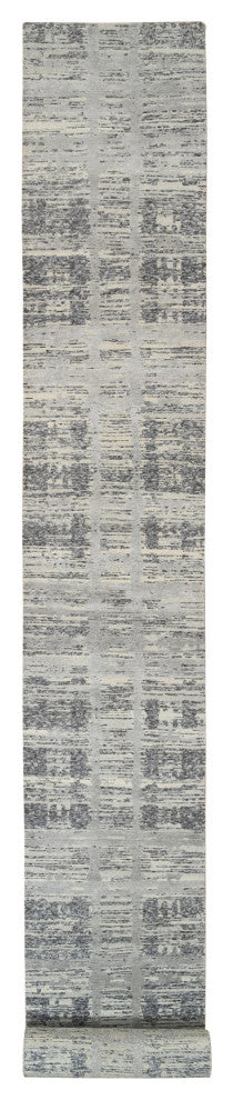 Gray, Natural Wool, Hand Knotted, Modern Design XL Runner Rug, 2'7"x23'8"