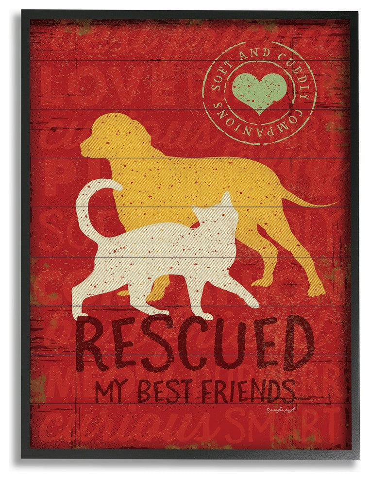 Rescued My Best Friend Dog & Cat Silhouette Framed Giclee Art, 16"x20"