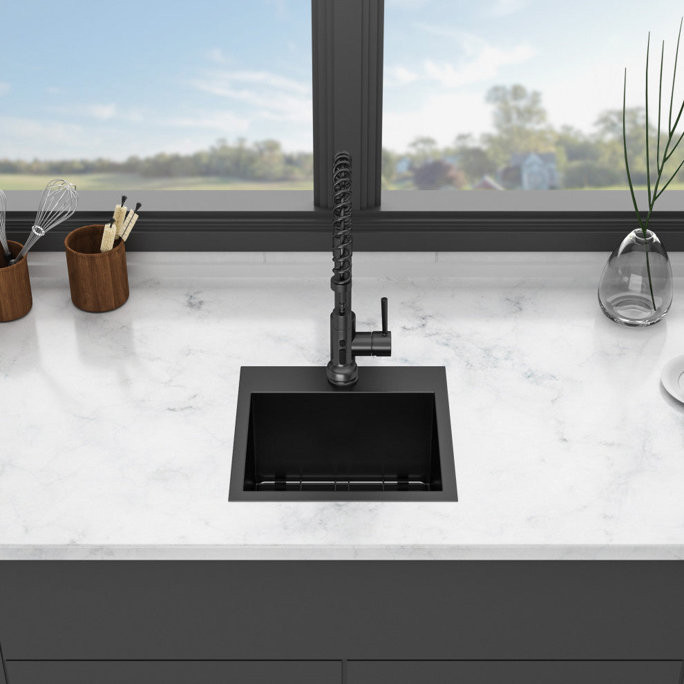 Black Stainless Steel Single Bowl Drop-In Kitchen Sink with Rinse Grid, Gunmetal Black, 15'' X 15''