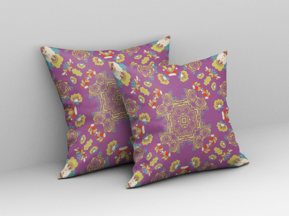 26" Purple Yellow Wreath Indoor Outdoor Zippered Throw Pillow
