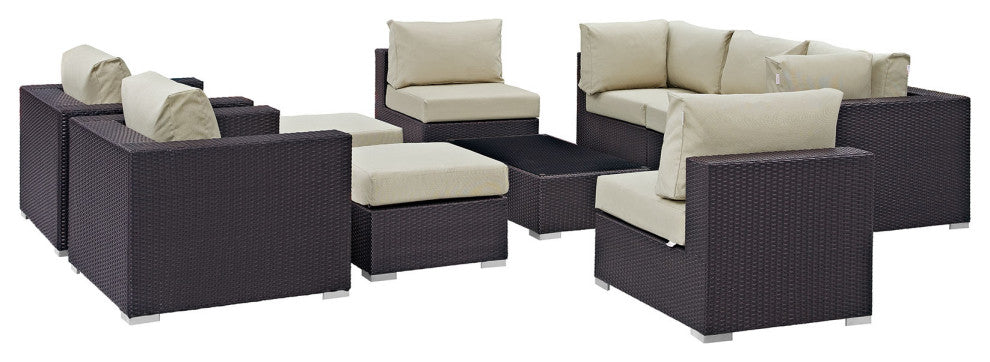 Modway Convene 10 Piece Outdoor Patio Sectional Set, Espresso Beige