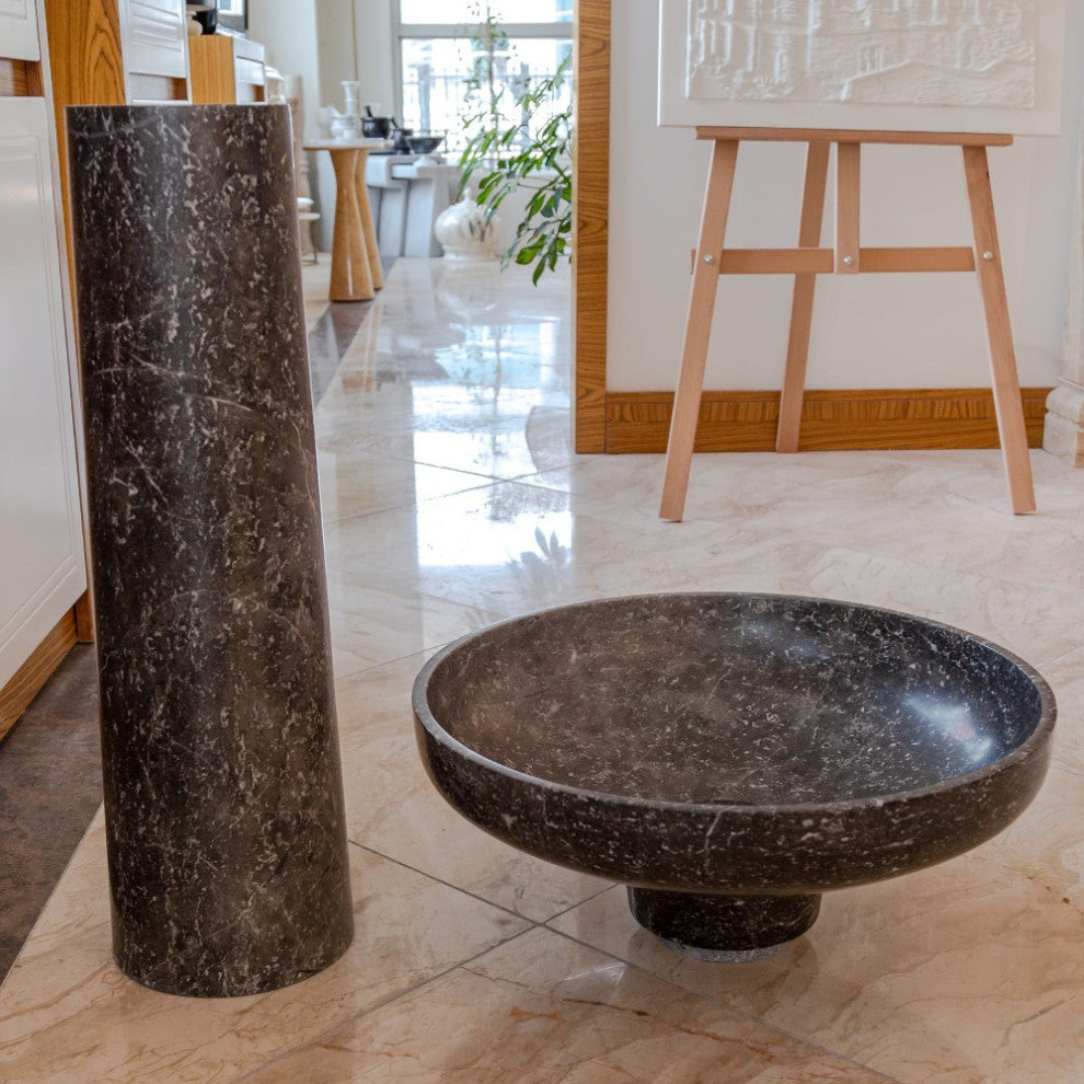 Natural Stone Black Marble Pedestal Round Sink Polished (D)20" (H)33.5