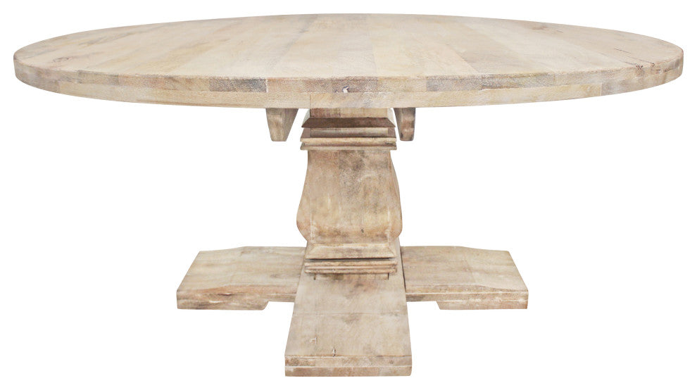 Benedict 70" Round Dining Table, Solid Mango Wood With White Wash
