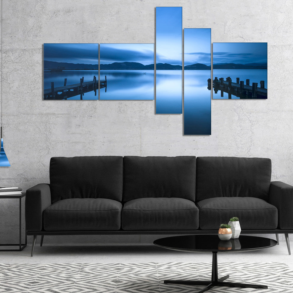 Dark Blue Sea and Piers, Seascape Canvas Art Print, 60"x32", 5 panels