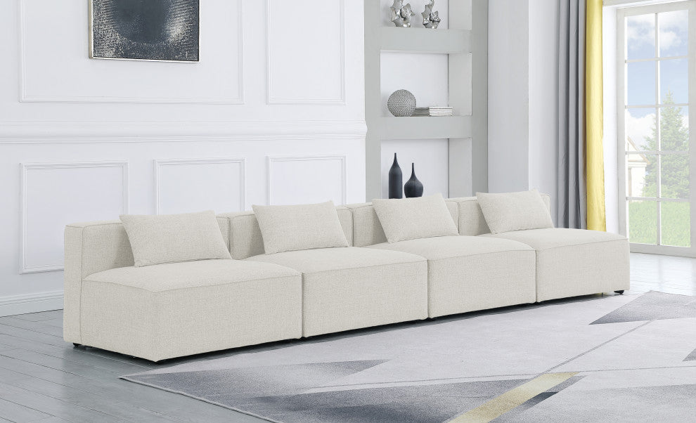 Cube Upholstered Modular Sofa, Cream, 4-Piece: 4 Armless Chair, Linen Texured Fabric