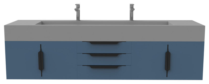 CastelloUSA Nile 72" Wall Mounted Bathroom Vanity Set, Blue, Gray Top, Black Handles