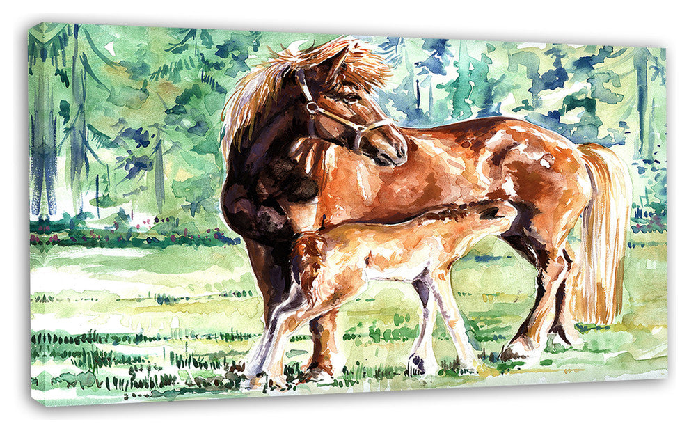 Mare and Foal Watercolor, Abstract Canvas Art Print, 32"x16"