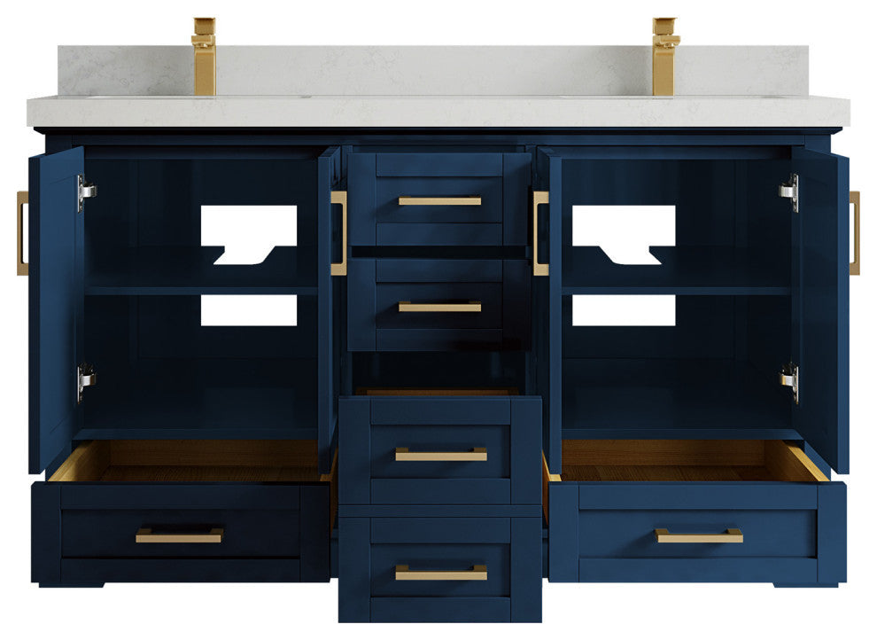 Boston 60 Double Bathroom Vanity in Navy Blue 2" Carrara Quartz