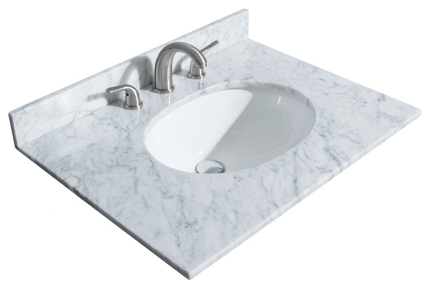 30" Single Bath Vanity White, Carrara Countertop, Sink, Gold Trim, Med. Cabinet
