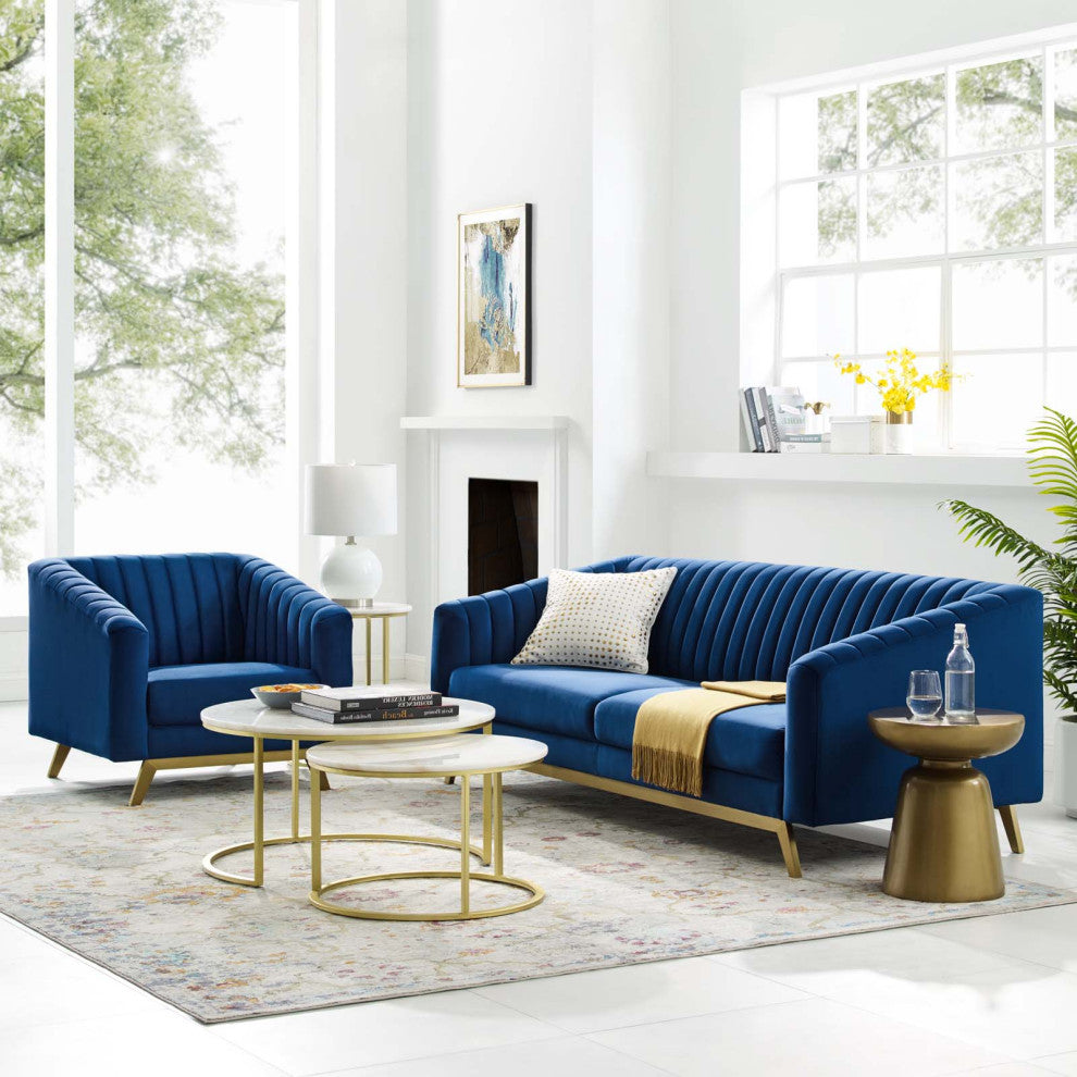 Tufted Armchair and Sofa Set, Velvet, Blue Navy, Modern, Lounge Hospitality