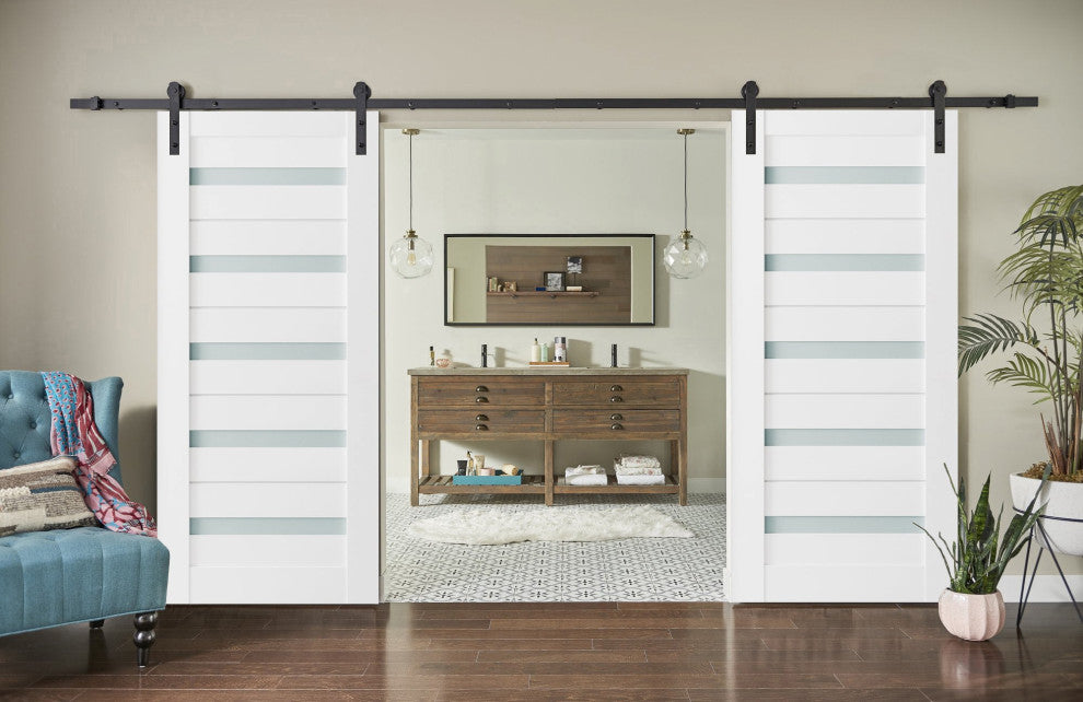 Double Barn Door 72 x 84 Frosted Glass, Quadro 4445 White, 13FT