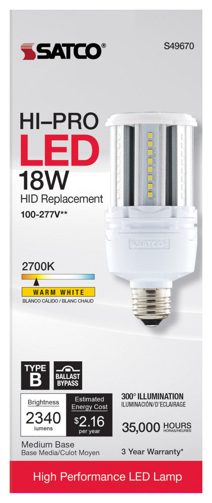 18W LED HID Replacement, 80 CRI, 2700K, Type B, Ballast Bypass, Medium Base