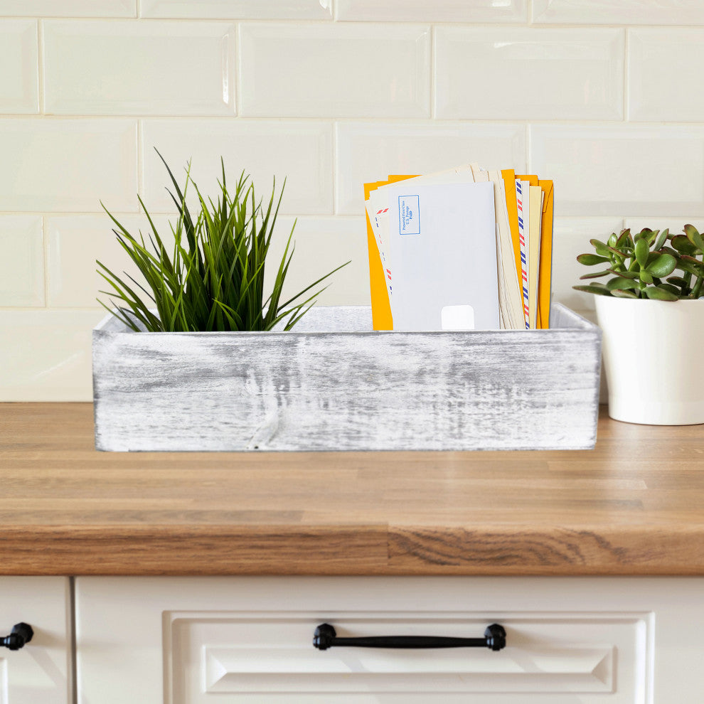 Natural Wood Rectangle Planter Box w/ Removable Plastic Liner 5"x17"x4" Set of 4, White