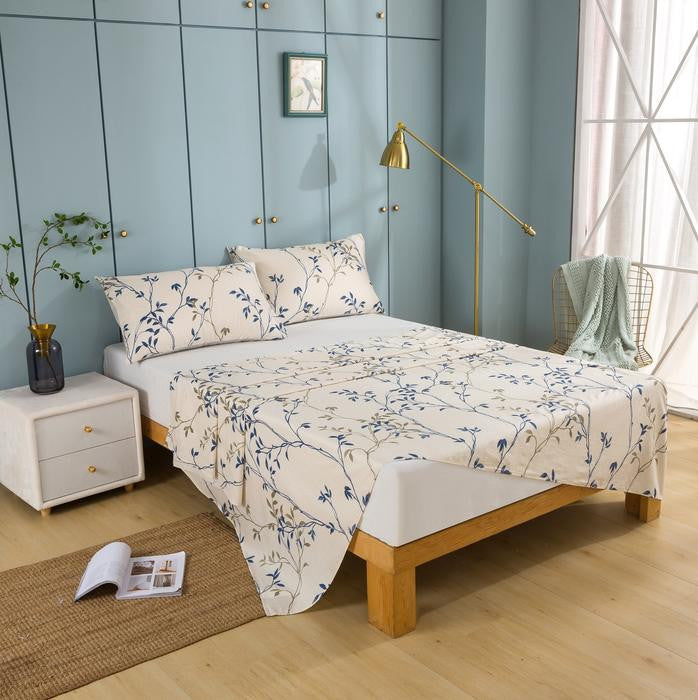 Blue Leaf Vine Cream Poplin Cotton Flat Sheet