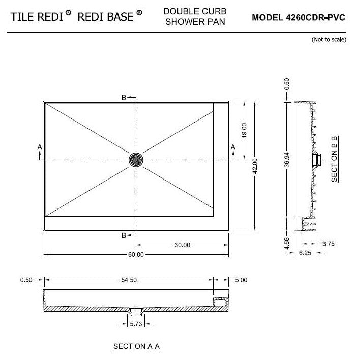 Tile Redi 4260CDR-PVC 42"x60" Double Curb Shower Pan With Center PVC Drain