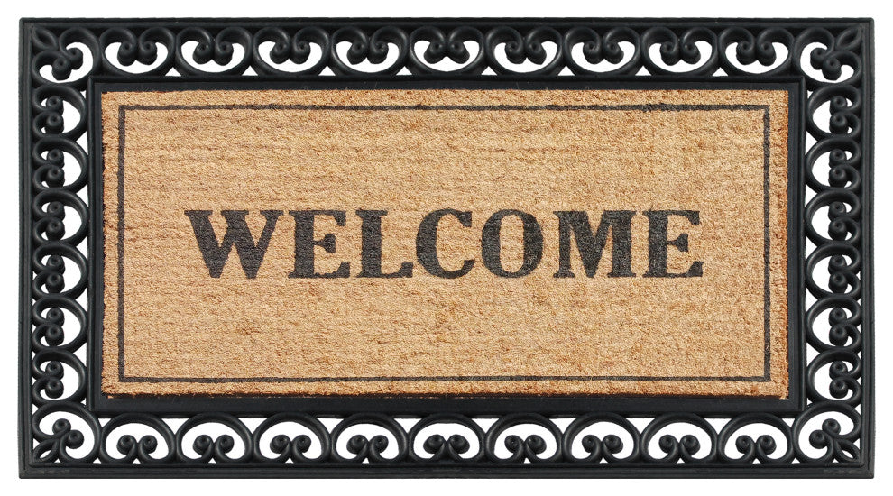 A1HC Rubber and Coir Welcome Paisley Border Double Door Doormat 30"x48", Black
