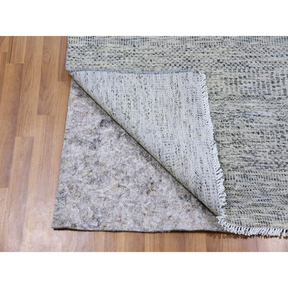 Silver Gray 100% Undyed Wool Grass Design Hand Knotted Wide Runner Rug 4'x10'1"
