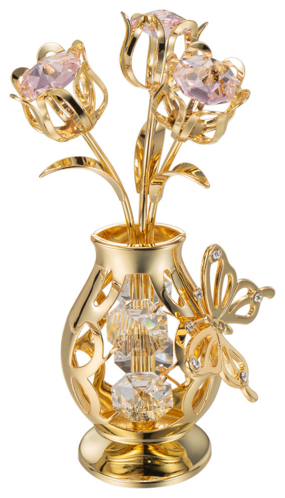 Matashi 24K Gold Plated Flower Ornament in Vase w Crystals Decorative Butterfly