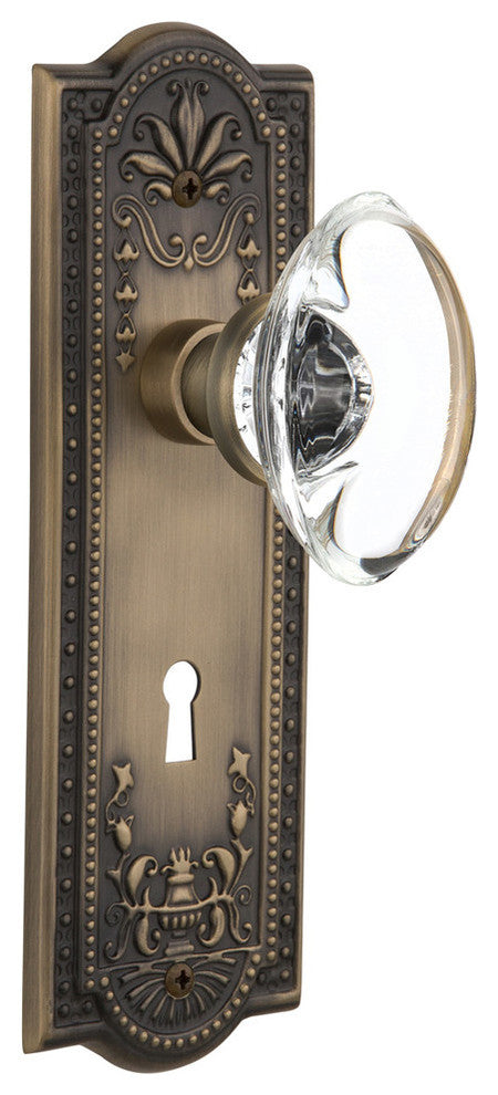 Meadows Plate With Oval Clear Crystal Knob, Antique Brass