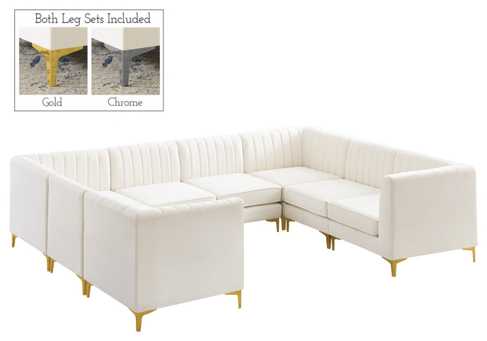 Alina Velvet Modular U-Shaped Sectional, Cream, 8-Piece: 4 Armless Chair, 4 Corner Chair