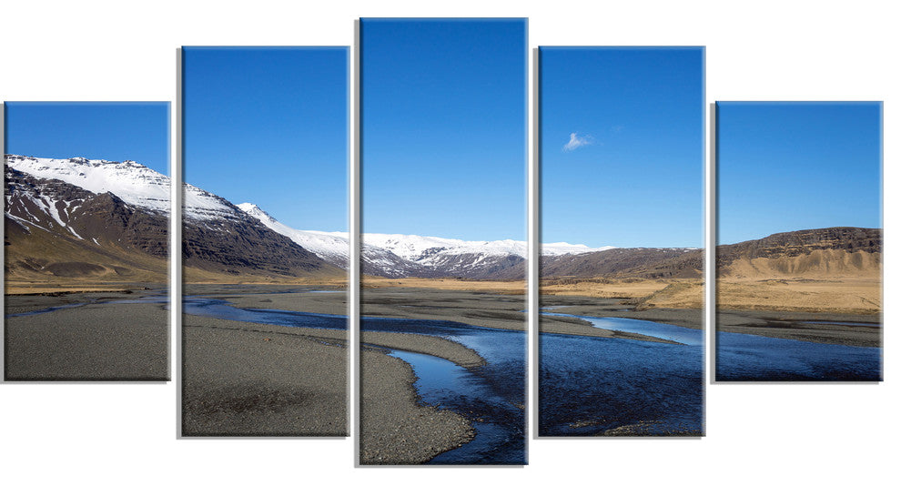 Mountains and Lakes Iceland, Landscape Canvas Art Print, 60"x32", 5 Panels