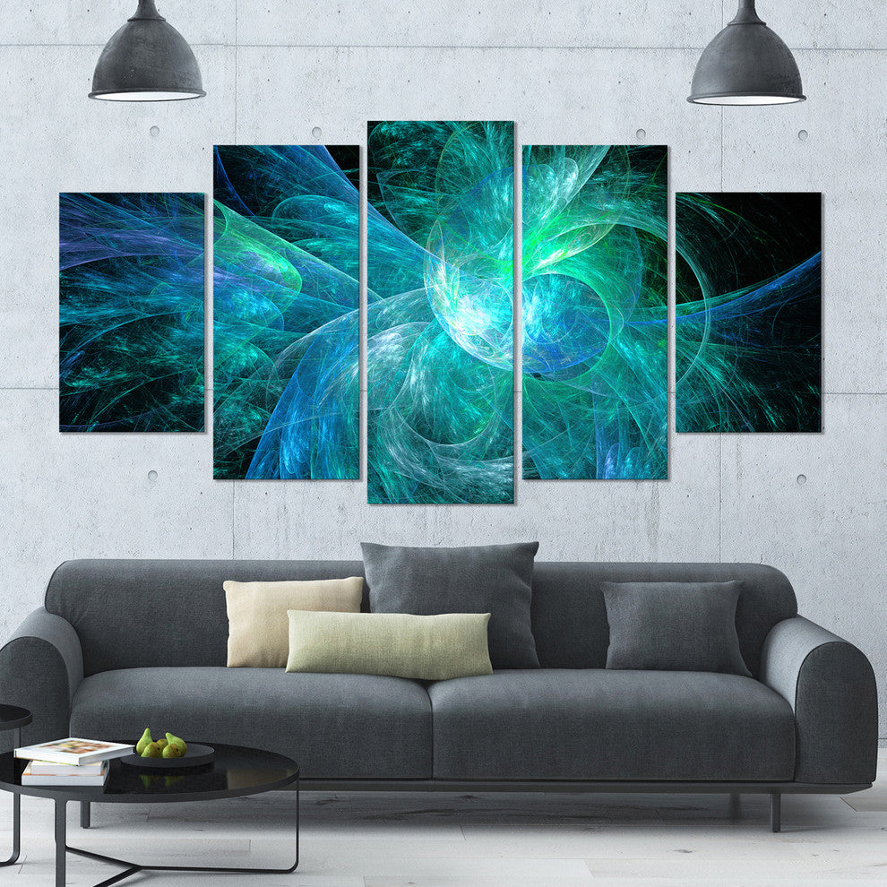 Blue on Black Fractal Illustration, Abstract Canvas Art Print, 60"x32", 5 Panels