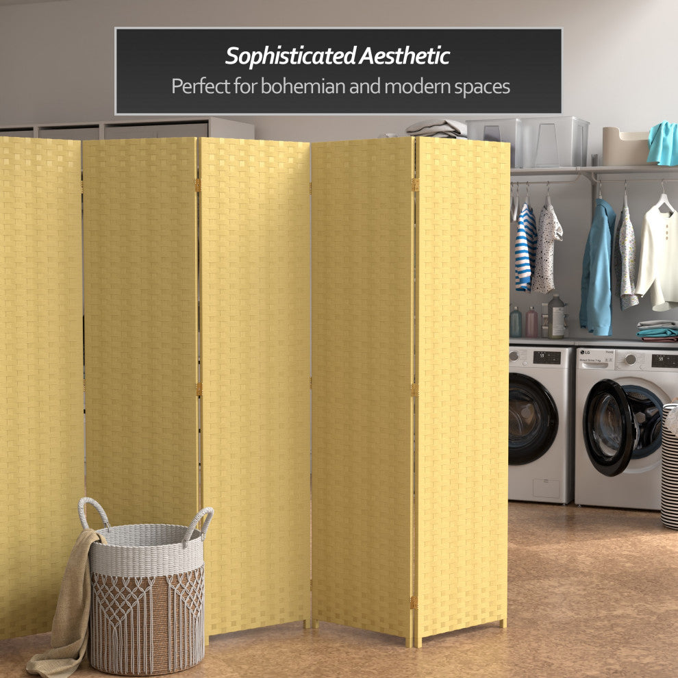 6' Tall Woven Fiber Room Divider, 5 Panel, Dark Beige