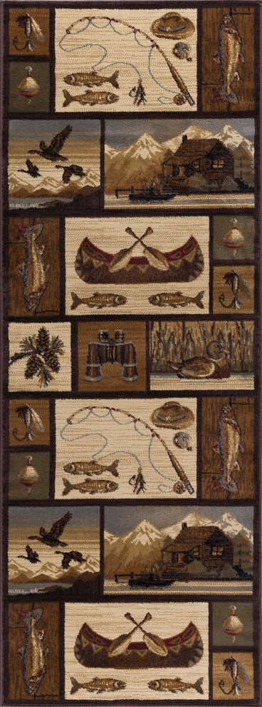 Cabin Getaway Novelty Lodge Pattern Brown Runner Rug, 2.7'' x 7''