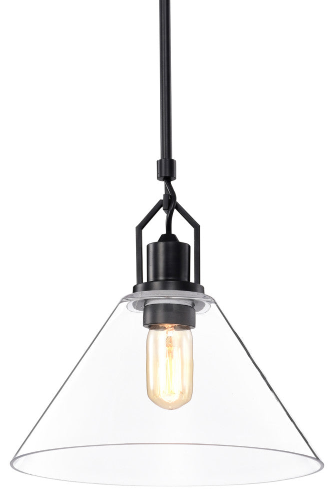 1-Light Matte Black 12 in. Pendant With Clear Cone Glass Shade