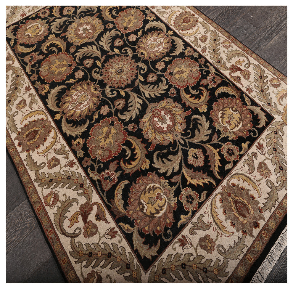 Agra AG-01 Traditional Floral Black Hand Knotted Wool Rug 6'x9'