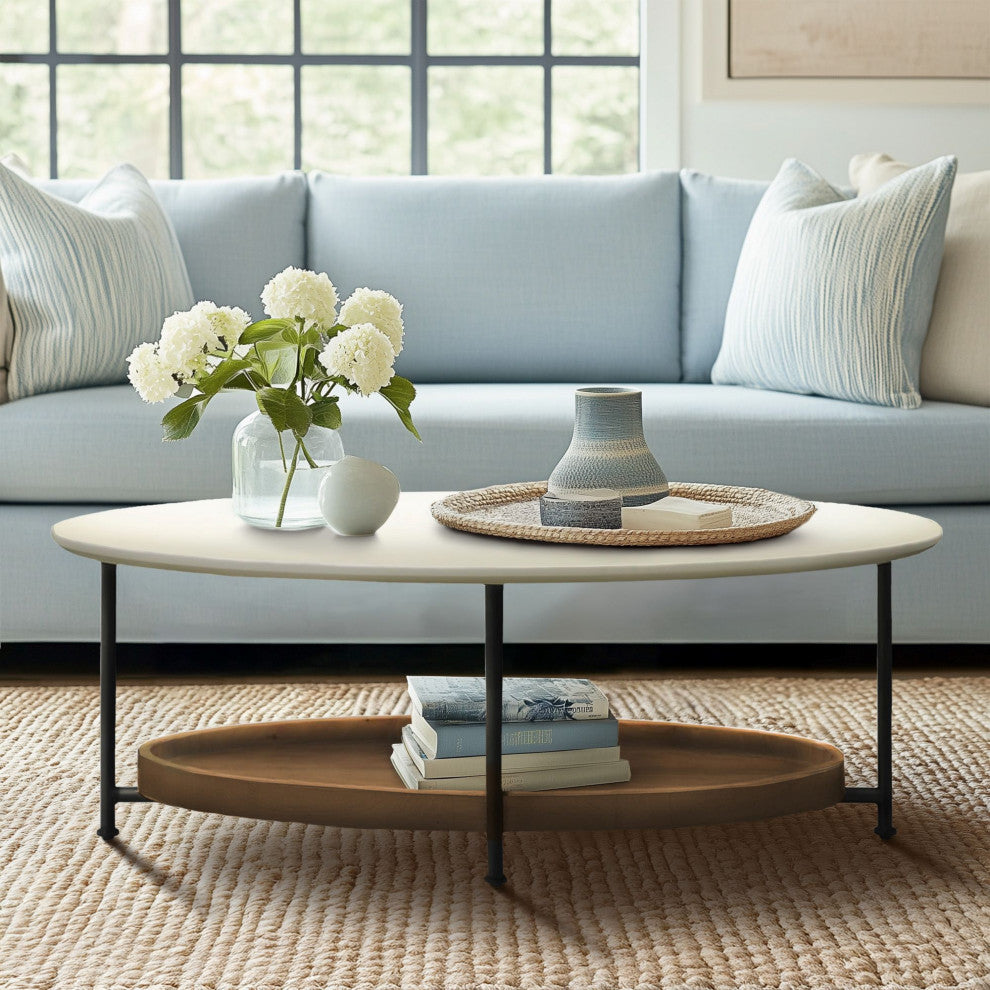 Madison Park Beaumont White Oval Coffee Table With Wood Base Shelf, Coffee Table