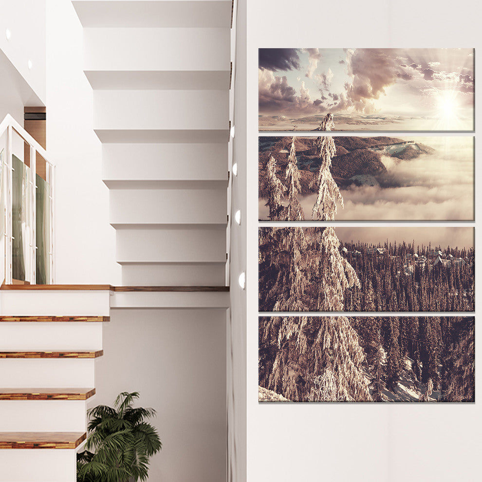 Dark Winter Scene At Sunset, Landscape Wall Art on Canvas, 28"x48", 4 Panels
