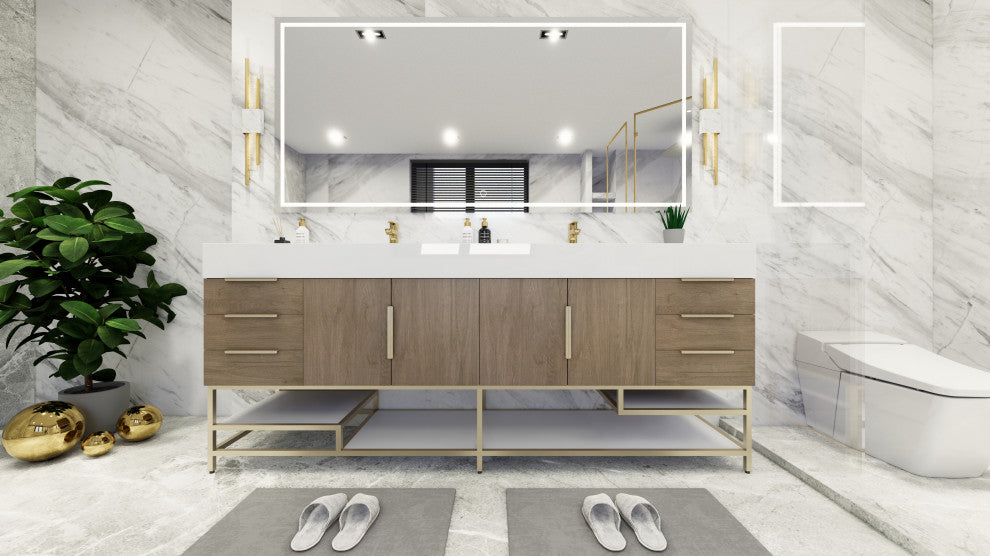 Madison 84" Free Standing Double Sink Vanity with Reinforced Acrylic Sink, Light Oak