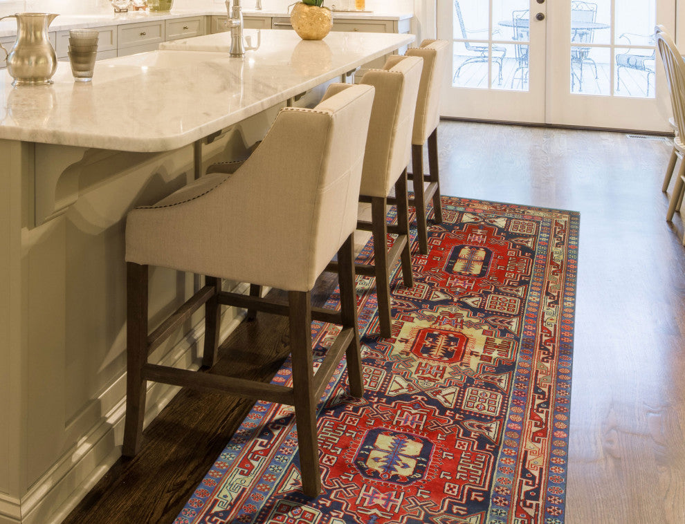 Fine Vintage Distressed Colys Navy/Red Runner, 3'10x10'4