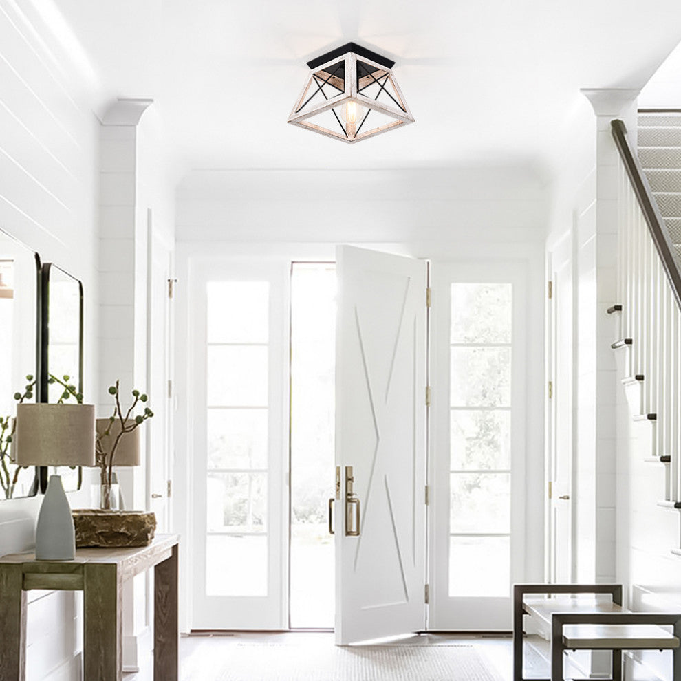 Farmhouse Rustic 1-Light Geometric Flush Mount, White