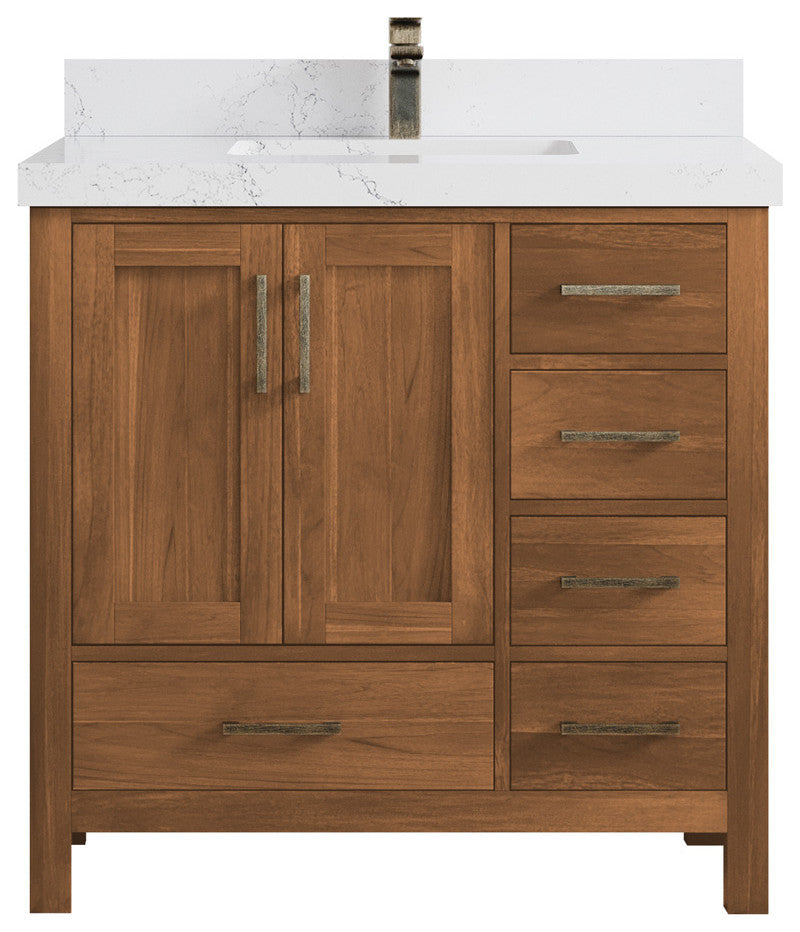 Malibu Teak 36 Center Sink Bath Vanity in Golden Teak 2" Empira Quartz