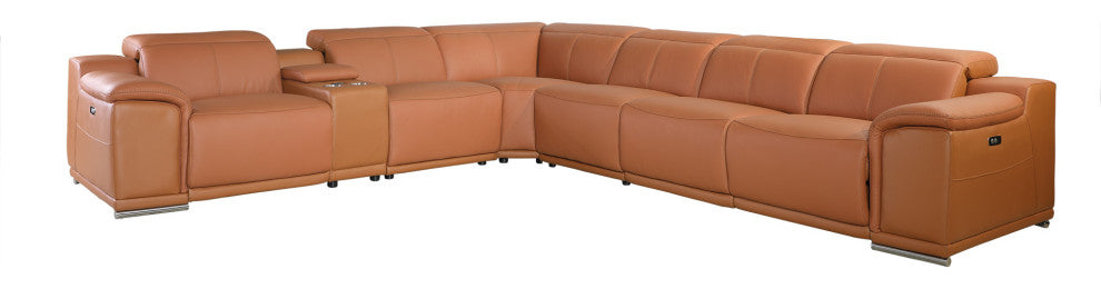 Federico 7-Piece L-Shaped Top Grain Italian Leather Sectional, Camel