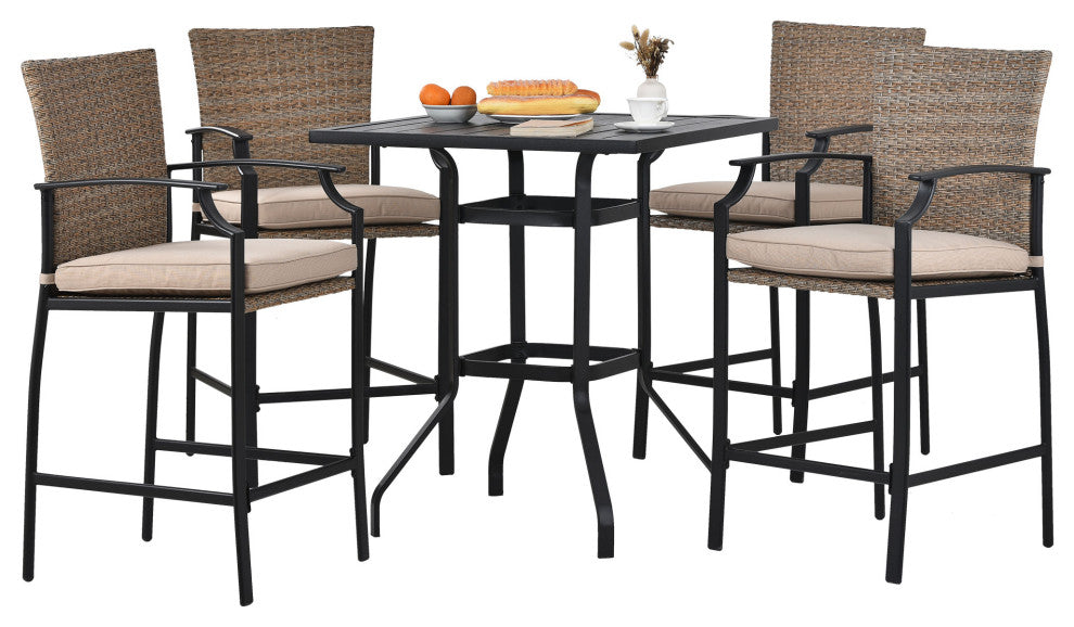 5 Pieces Outdoor Patio Rattan Counter Height Dining Table Set With Cushions
