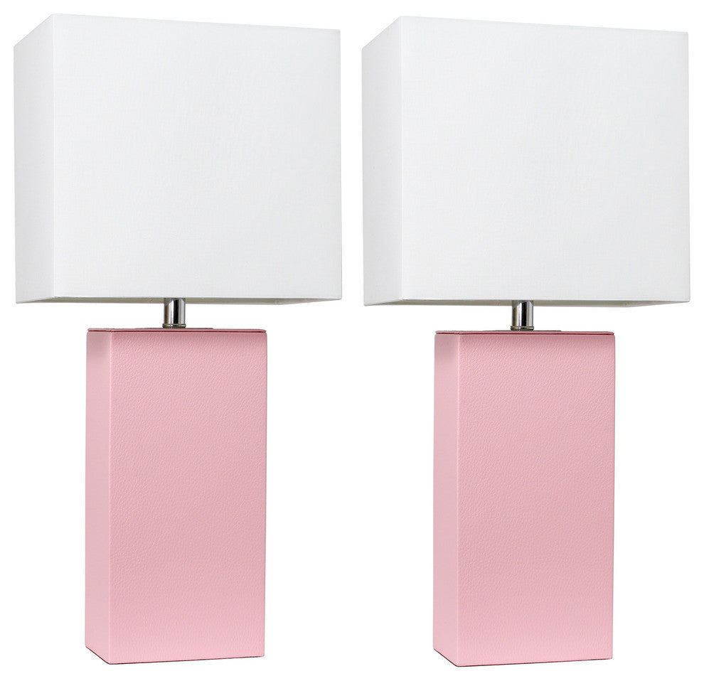 Elegant Designs Set of 2 Modern Leather Table Lamps, White Fabric Shades, Pink