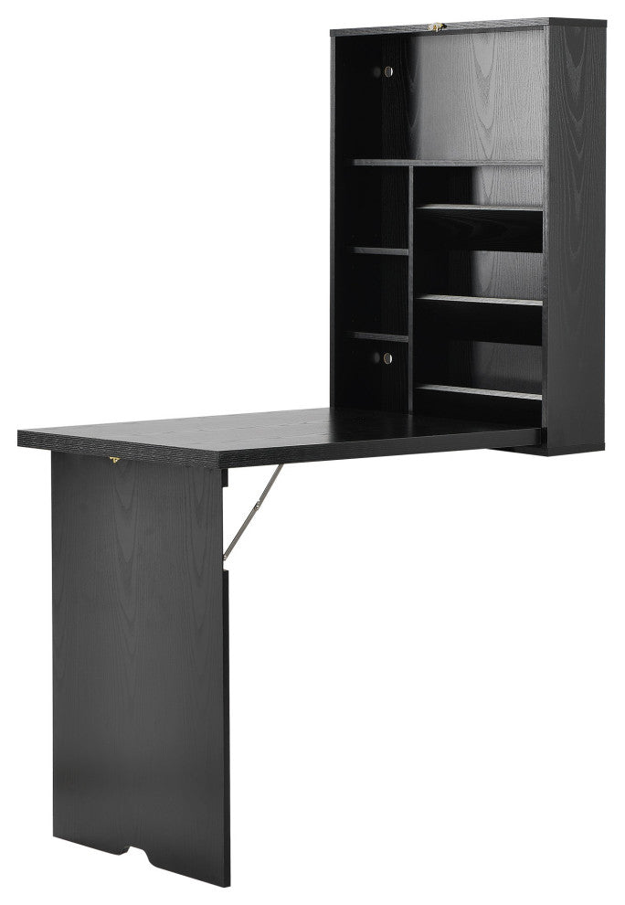 HomeRoots Sleek Black Finish Folding Murphey Style Desk With Shelves