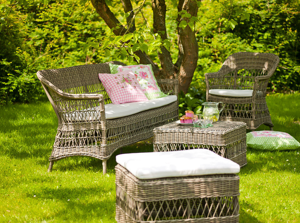 Charlot Outdoor Dining Armchair, Antique, Sunbrella Sailcloth Seagull Cushion