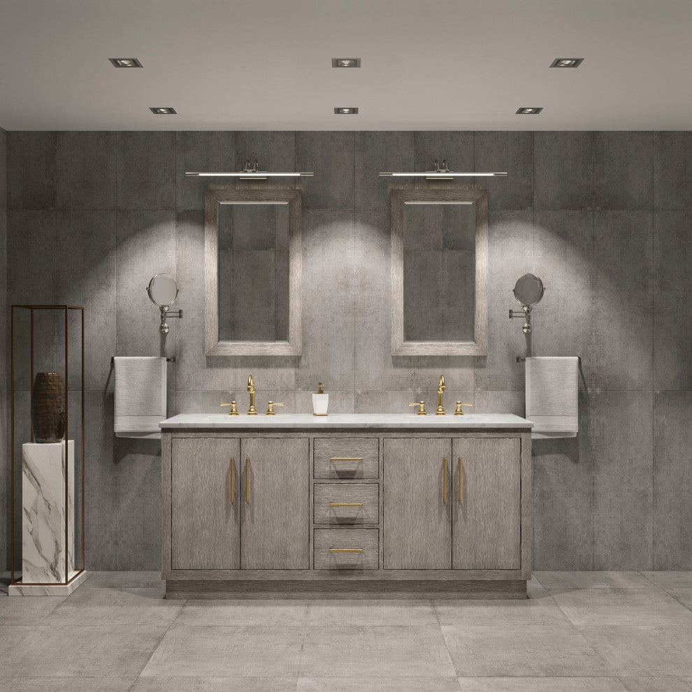 Hugo 72 Double Sink White Marble Countertop Vanity, Gray Oak With Mirrors