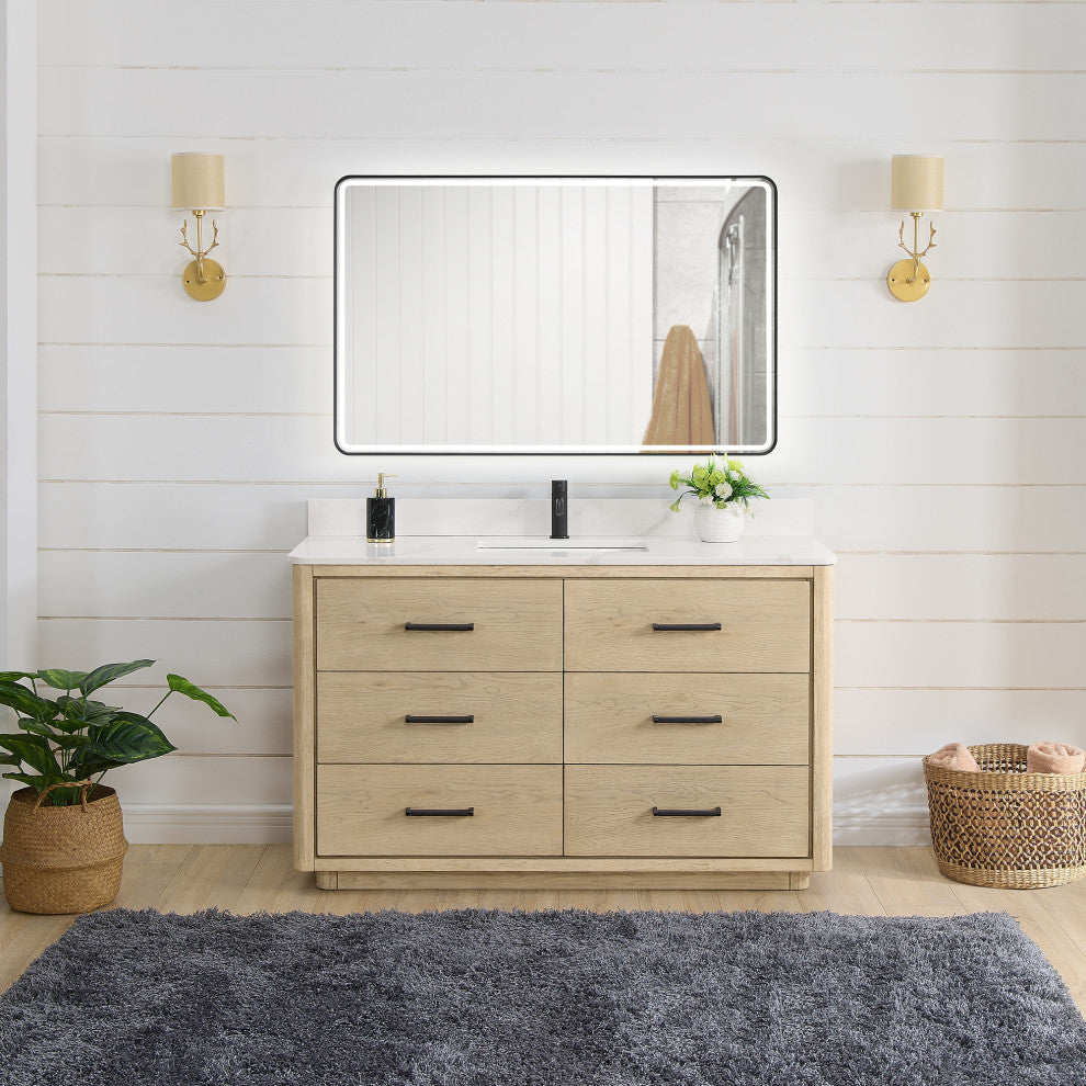 Porto Bath Vanity with White Quartz Stone Top, Natural Oak, 55 in., No Mirror
