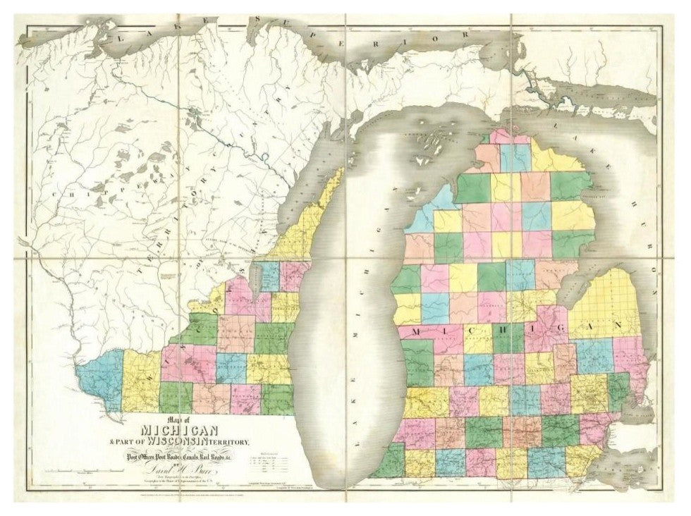 "Map of Michigan & Part of Wisconsin Territory, 1839" Paper Art, 32"x24"