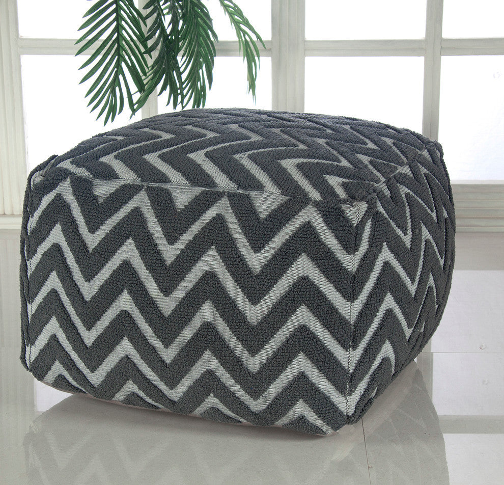 Microfiber Gray and White Jacquard Pouf Ottoman Zig-Zag Pattern