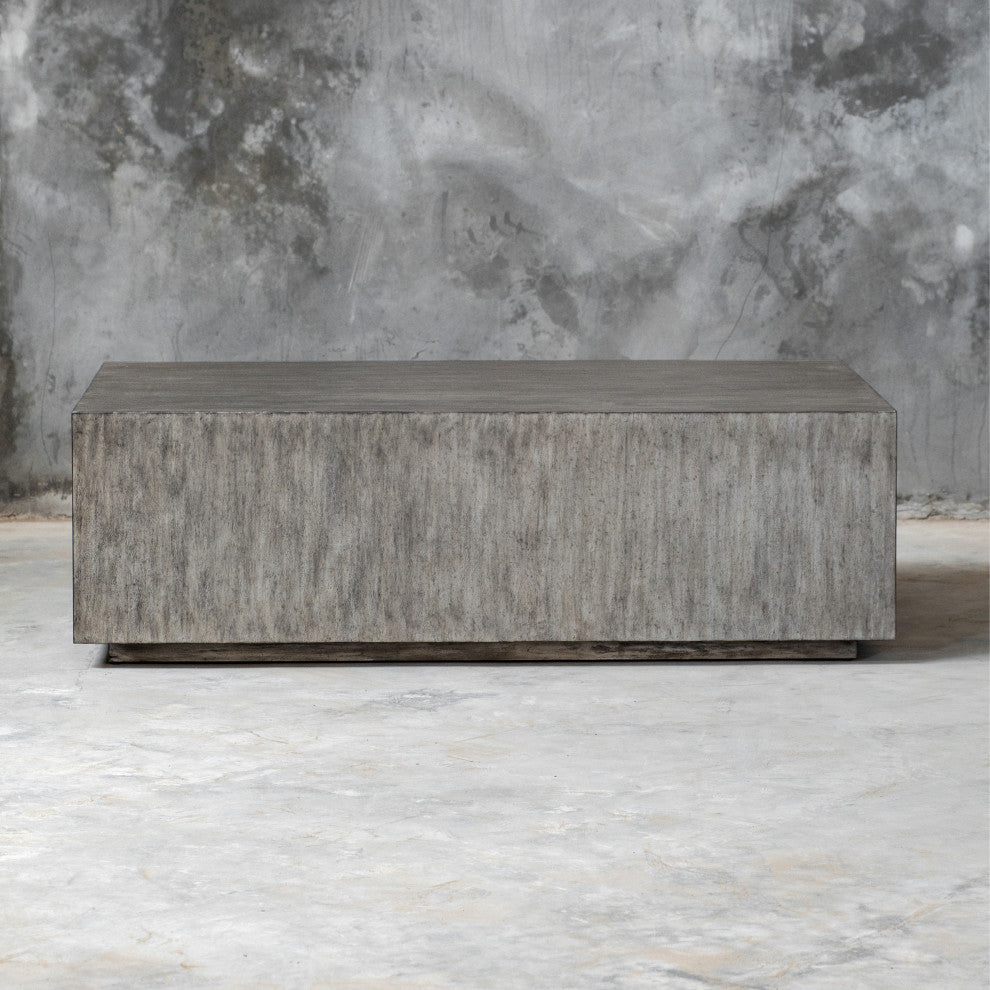 Modern Minimalist Wood Cube Block Coffee Table Solid Rectangle Gray Distressed