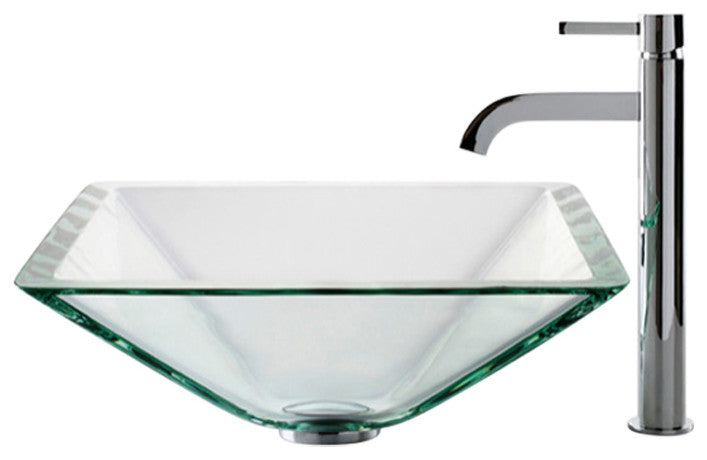 Glass Vessel Sink, Bathroom Ramus Faucet, PU Drain, Mounting Ring, Chrome